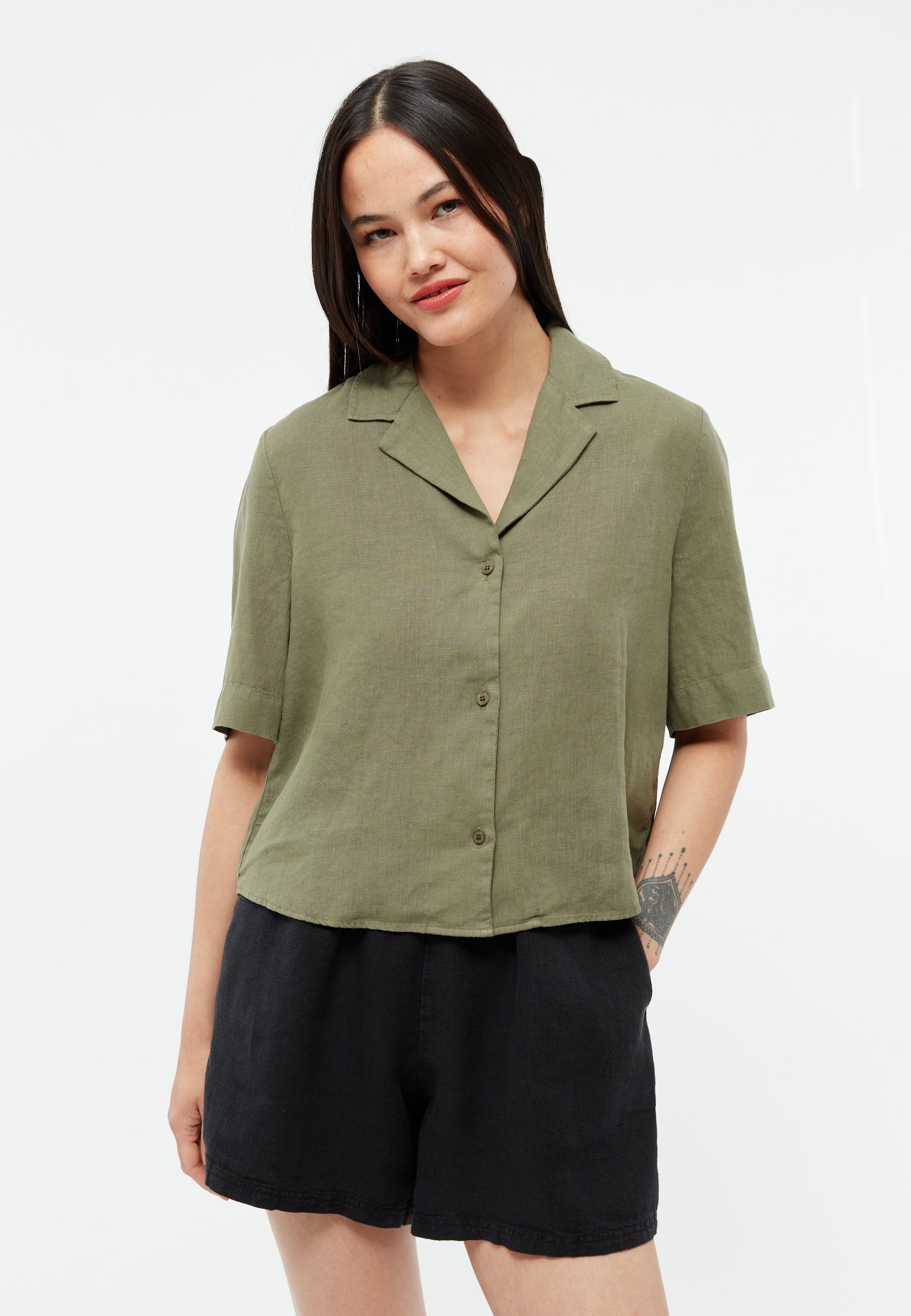 KURZARMBLUSE GBCAROL LEINEN | FADED OLIVE
