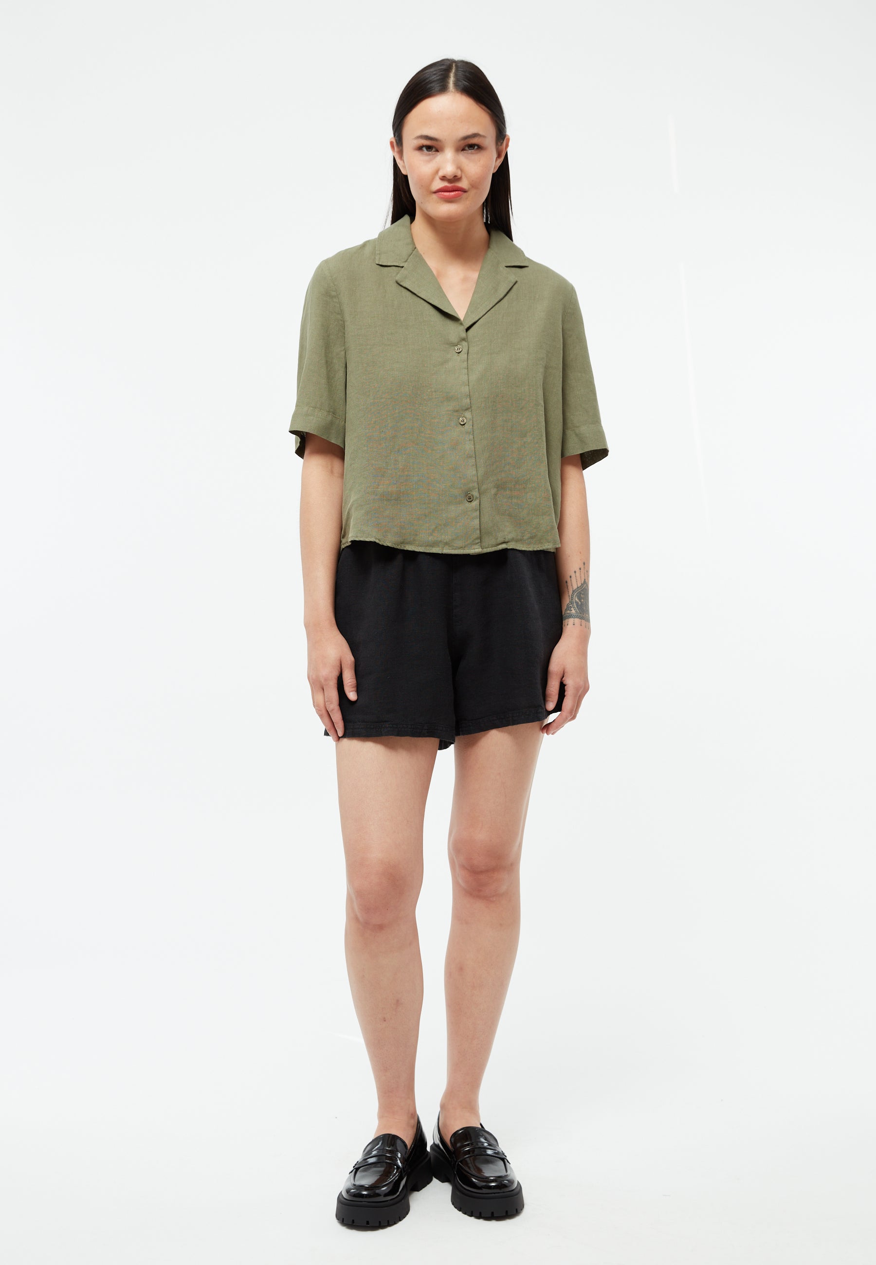 KURZARMBLUSE GBCAROL LEINEN | FADED OLIVE