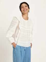 STICKEREIBLUSE MIT VOLANT | OFF WHITE
