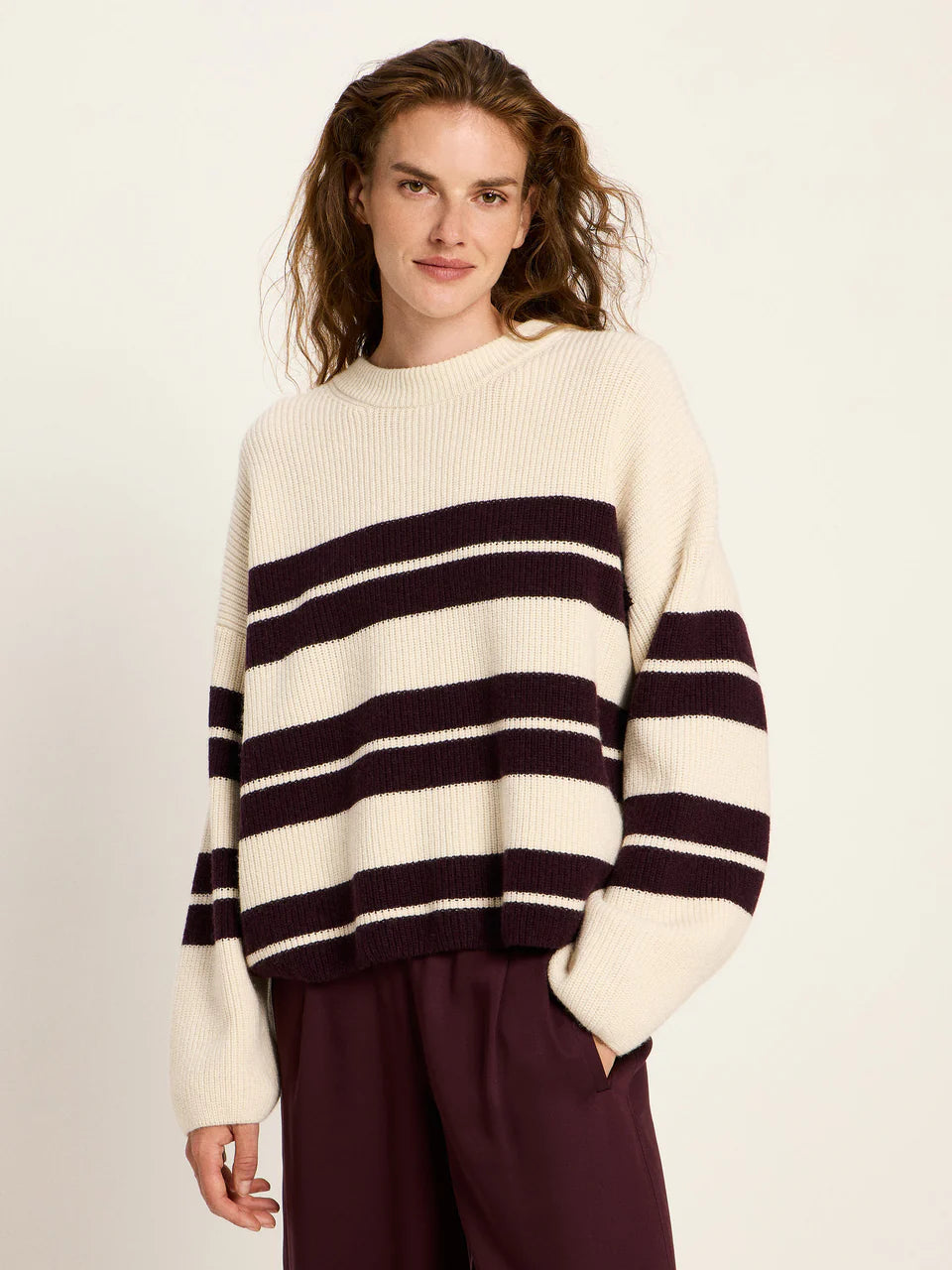 STREIFENPULLOVER (GOTS) | OFFWHITE/BORDEAUX