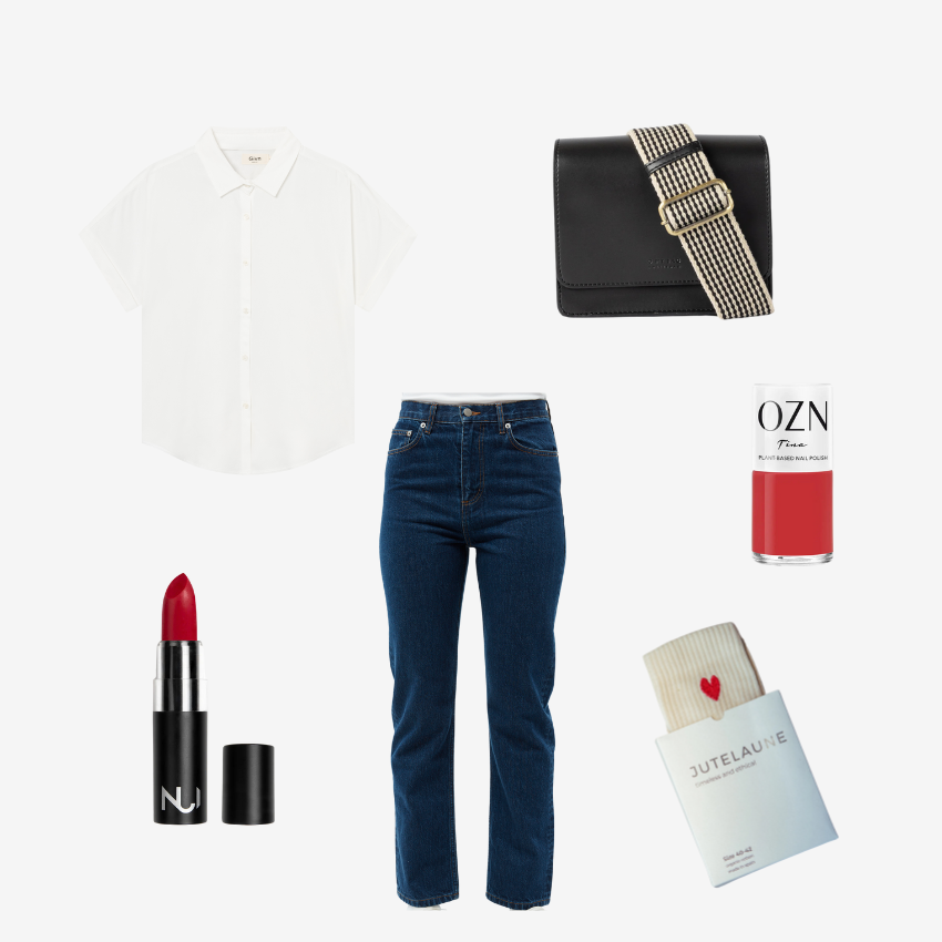 Eine Collage mit einer nachhaltigen Outfit Inspiration mit Bluse, Jeans, Handtasche, Lippenstift, Socken aus Bio Baumwolle und Nagellack.
