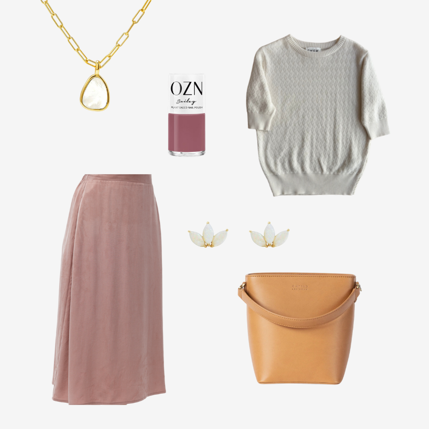 Eine Collage mit einer nachhaltigen Outfit Inspiration mit Shirt, Rock, Bucket Bag, Ohrstecker, Halskette und Nagellack.